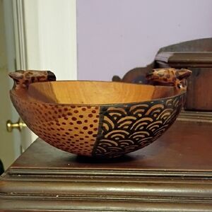 Handcrafted Wooden Bowl with Animal Handles